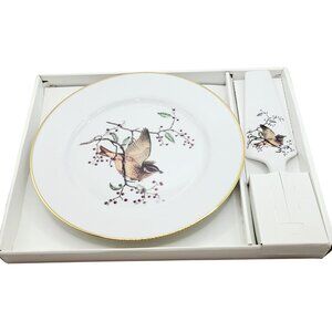 Andrea By Sadek Bird Design Cake Plate & Server Set - Gold Trim 10" Diameter